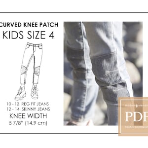 Peut inclure: Un dessin au trait noir et blanc d'un jean avec un empiècement de genou incurvé. Le texte "CURVED KNEE PATCH KIDS SIZE 4" est en haut de l'image. Le texte "10-12 REG FIT JEANS 12-14 SKINNY JEANS KNEE WIDTH 5 7/8" (14.9 cm)" est en bas de l'image. Une photo d'un jean avec un empiècement de genou incurvé est sur le côté droit de l'image. Le texte "Modern Mending PDF INSTANT DOWNLOAD" est dans un rectangle brun en bas à droite de l'image.