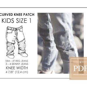 Peut inclure: Un dessin au trait noir et blanc d'un jean avec un empiècement de genou incurvé. Le texte "CURVED KNEE PATCH KIDS SIZE 1" est au-dessus du dessin. Le texte "18M-2T REG JEANS 3-4 SKINNY JEANS KNEE WIDTH 4 7/8" (12.4 cm)" est en dessous du dessin. Une photo d'un jean avec un empiècement de genou incurvé est sur le côté droit de l'image. Le texte "Modern Mending PDF INSTANT DOWNLOAD" est dans un rectangle brun dans le coin inférieur droit de l'image.