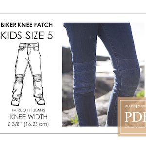 Peut inclure: Patron de téléchargement numérique pour un patch de genou de motard pour enfants taille 5. Le patron est pour un jean coupe droite taille 14 avec une largeur de genou de 16,25 cm (6 3/8 pouces). L'image montre un dessin au trait de jeans avec des patchs de genou et une photo de jeans avec des patchs de genou.