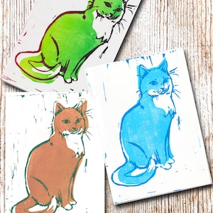Set of 3 Linocut Cat Greeting Cards limited edition of 9 sets