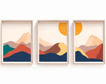 Mountain Sunrise - Set of 3 Luxury Prints - Boho Green, Blue, Orange, Beige, Brown, Yellow, Desert, Sun, Landscape Wall Art