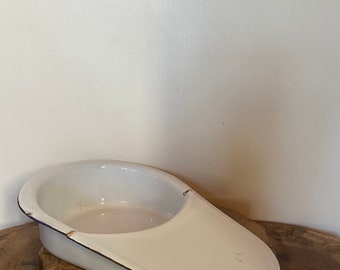 Vintage French Enamel Bedpan: White with Blue Rim, Garden Planter