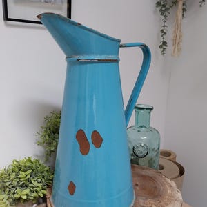 Vintage French Enamel Water Pitcher, Enamel, Kitchen Decoration