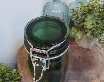 Vintage L'Ideale French Canning Jar: Green Glass Kitchen Storage, 1 litre canning jars