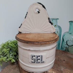 Vintage French Enamel Salt Pot: Beige & Blue Kitchen Storage