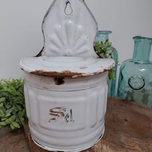 Vintage french enamel salt pot, french enamel, kitchen, storage, Salt, Enamel Salt Pot, French Salt Pot