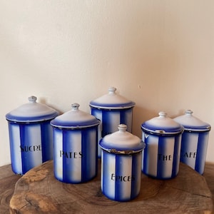 Set of enamel kitchen canisters, french vintage storage, kitchen storage, kitchen decoration, enamel, Enamel Cannisters, French Cannisters