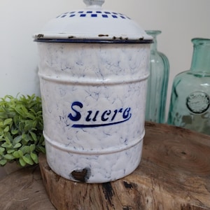 Vintage french Sucre enamel pot, enamel, sugar storage, kitchen storage, Sugar Jar