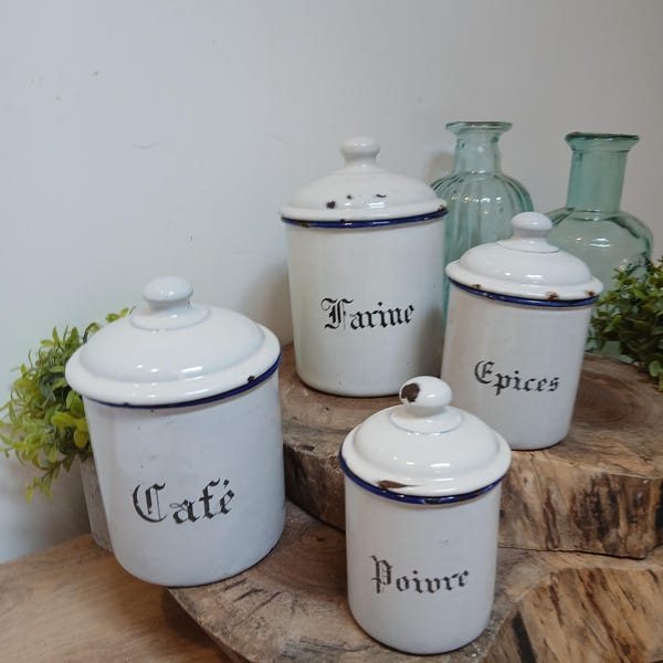 SET OF 4 Vintage French Enamel Canister Set, White Iin colour , Kitchen Storage