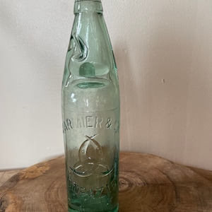 Vintage Green Glass Bottle with Marble, Glass Bottles, Collectables, Kitchen Decoration