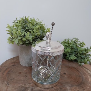 French Glass Sugar Pot with Lid and Spoon