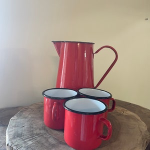 Vintage French Enamel Jug and 3 Cup Set, Enamelware, Kitchen Decoration, Enamel Set, Enamel Kitchen, Enamel Decoration, French Enamel