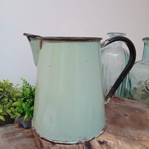 Jarra de esmalte verde vintage, decoración de cocina rústica, acento campestre