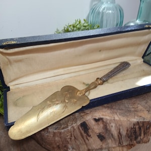 Op de afbeelding: Een vintage goudkleurige taartschep met een sierlijk handvat en bloemmotief, gepresenteerd in een blauwe fluwelen doos. Het lemmet van de schep heeft geëtste botanische details. De doos is open en onthult de schep tegen een crèmekleurig interieur.