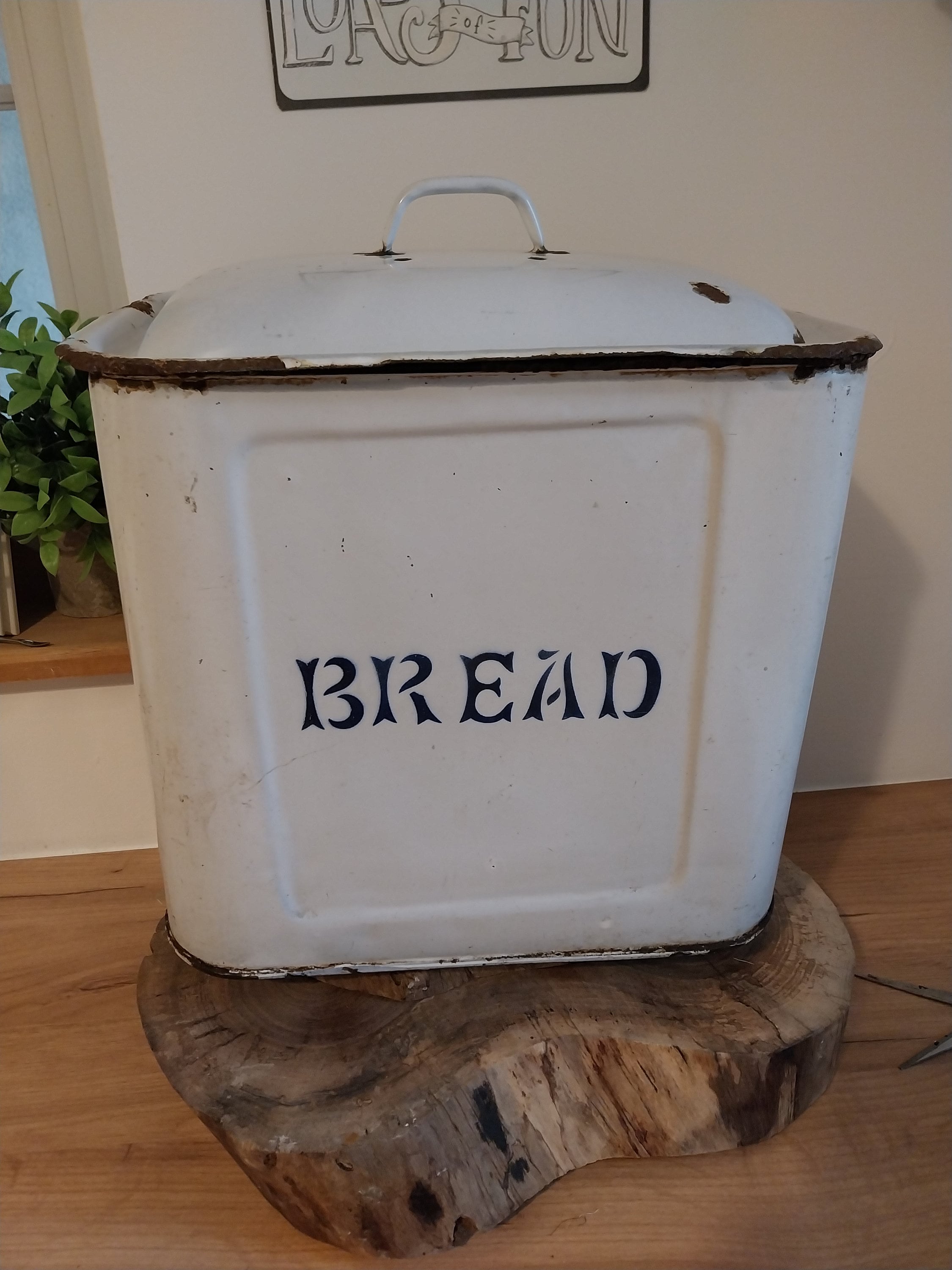Vintage English enamel bread bin, bread storage, kitchen storage, Enamel Kitchen, Country Kitchen