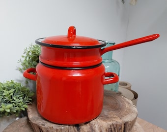 Vintage French Enamel Saucepan Pot, Enamel, Home Decoration