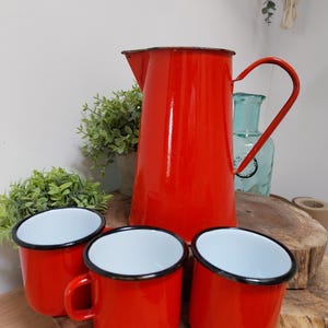 Vintage French Enamel Jug and 3 Cup Set, Enamelware, Kitchen Decoration, Enamel Set, Enamel Kitchen, Enamel Decoration, French Enamel