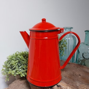 French Enamel Coffee Pot, Enamelware, Kitchen Decoration, Enamel Kitchen, Red Enamel Jug, French Enamel