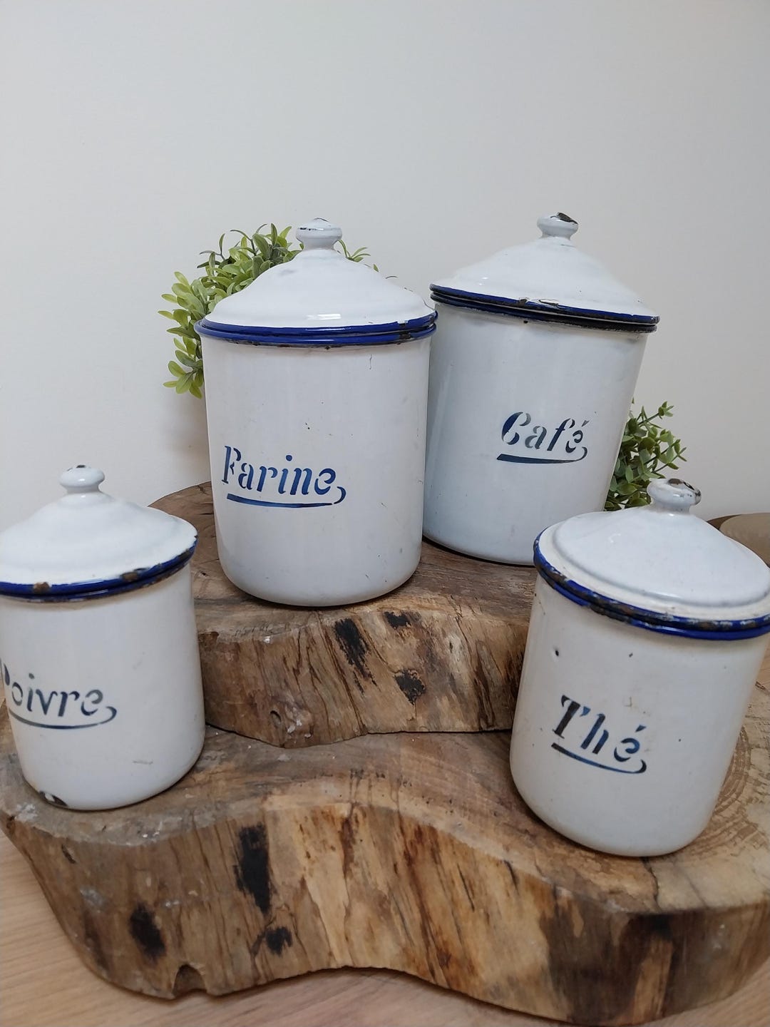 Set of Vintage French Enamel Cannister Set, Kitchen Cannisters, Kitchen ...
