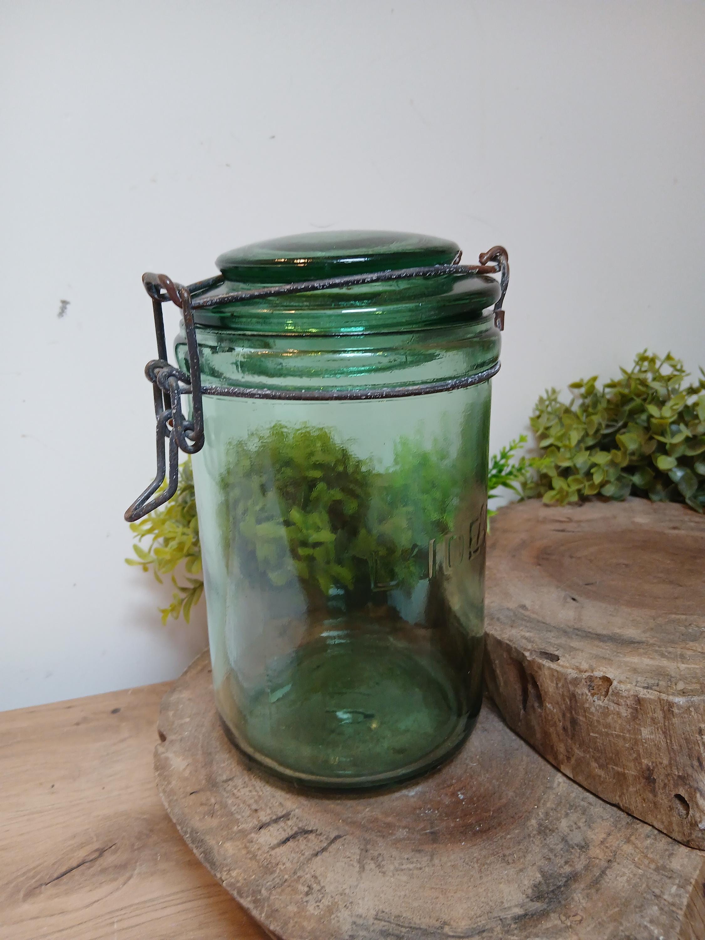 フランスL'IDEALEリデアルアンティークグリーンガラス保存瓶キャニスター Vintage L'Ideale French Canning Jar: Green Glass Kitchen Storage