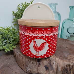 Ceramic Salt Pot with Wooden Lid: Wall Mount Kitchen Storage