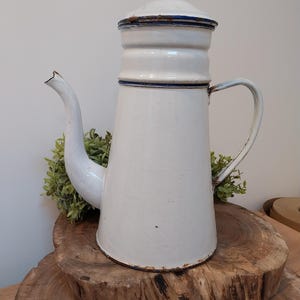 Vintage French Enamel Biggins Coffee Pot: White with Blue Rim