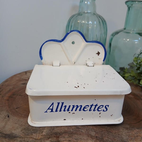 Vintage French Enamel 'Allumettes' Match Holder, Wall Mountable