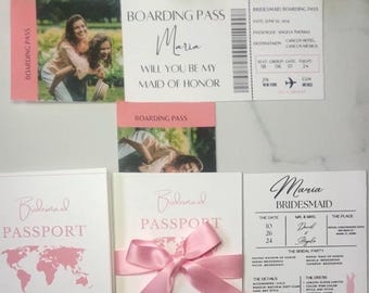 Modello di carta d'imbarco per proposta di matrimonio per damigelle d'onore, invito con passaporto, matrimonio all'estero (download digitale)