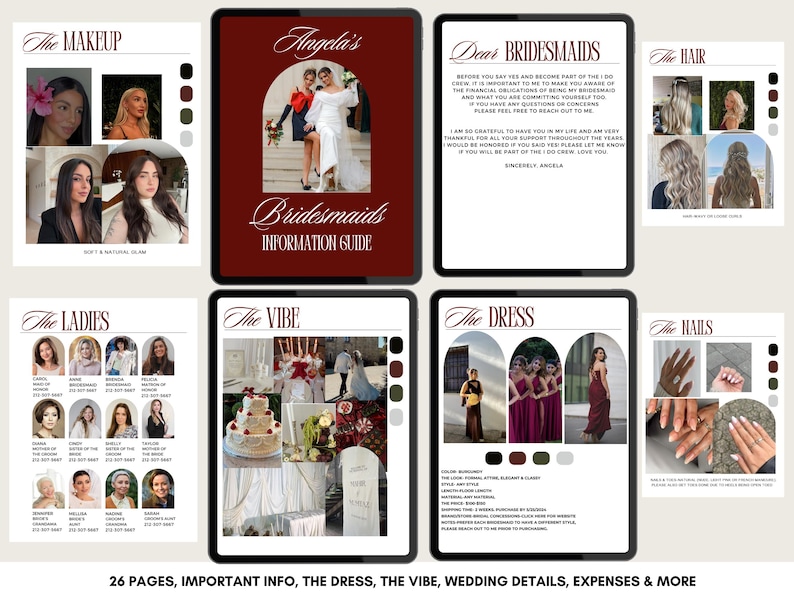 Bridal party information booklet, bridesmaid planner with checklists, contact info, and wedding day instructions