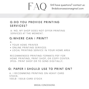 Pu&ograve; includere: Pagina FAQ con informazioni sui servizi di stampa. Il testo indica che il negozio non offre servizi di stampa al momento. Fornisce anche consigli su dove stampare, tra cui stampanti domestiche, servizi online e servizi di stampa locali. Il peso della carta consigliato &egrave; 100lb-130lb.