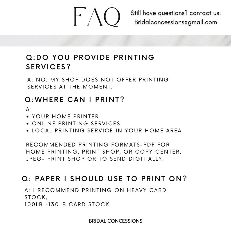 Pu&ograve; includere: Pagina FAQ con informazioni sui servizi di stampa. Il testo indica che il negozio non offre servizi di stampa al momento. Fornisce anche consigli su dove stampare, tra cui stampanti domestiche, servizi online e servizi di stampa locali. Il peso della carta consigliato &egrave; 100lb-130lb.