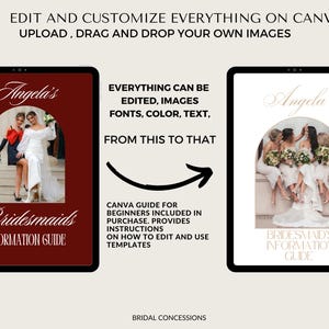 May include: Two digital mockups of a wedding guide on a tablet. The guide features the text "Angela's Bridesmaids Information Guide". The image shows how to edit and customise the guide on Canva, with instructions for beginners.