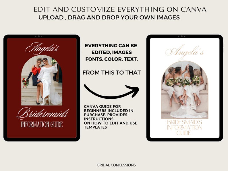 May include: Two digital mockups of a wedding guide on a tablet. The guide features the text "Angela's Bridesmaids Information Guide". The image shows how to edit and customise the guide on Canva, with instructions for beginners.
