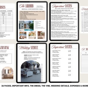 May include: A series of digital documents on a light beige background, detailing wedding plans. The documents include expense reports, Airbnb information, important dates, a detailed timeline, lodging overview, wedding venue details, and a to-do list. Text includes "26 pages, important info, the dress, the vibe, wedding details, expenses & more."