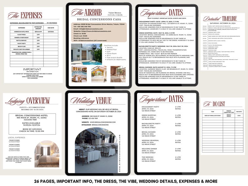 May include: A series of digital documents on a light beige background, detailing wedding plans. The documents include expense reports, Airbnb information, important dates, a detailed timeline, lodging overview, wedding venue details, and a to-do list. Text includes "26 pages, important info, the dress, the vibe, wedding details, expenses & more."