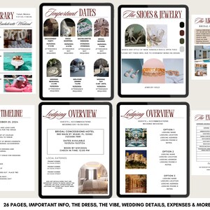 May include: A digital wedding planner displayed on tablets, featuring pages for the itinerary, important dates, shoes and jewellery, lodging overview, and expenses. The planner is designed for a bachelorette weekend and wedding.
