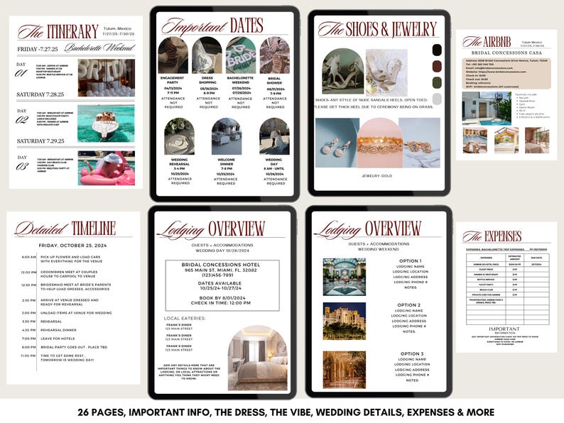 May include: A digital wedding planner displayed on tablets, featuring pages for the itinerary, important dates, shoes and jewellery, lodging overview, and expenses. The planner is designed for a bachelorette weekend and wedding.