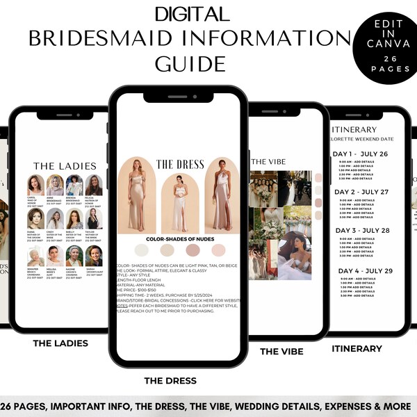 Bridesmaid Information Template, Wedding Timeline Template, Wedding Checklist, Wedding Details Card, Wedding Planner, Bridesmaid Guide