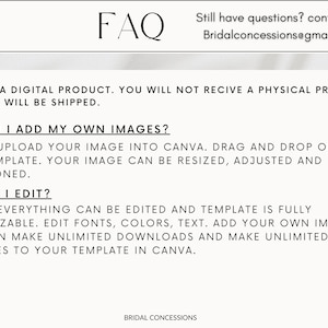May include: A digital product FAQ page with the title "FAQ" in a minimalist font. The text includes information about adding images, editing, and the digital nature of the product. Contact information is provided.