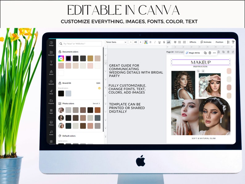 May include: A computer screen showing a Canva template for a bridal party guide. The screen displays the text "EDITABLE IN CANVA" and "MAKEUP INSPIRATION". The template is fully customisable, allowing changes to fonts, text, colours, and images.