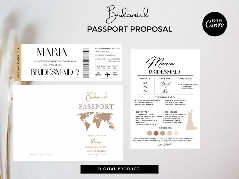 Modello di carta d'imbarco e passaporto per la proposta di matrimonio della damigella d'onore (download digitale) immagine 9