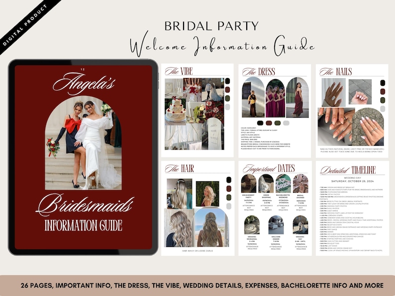 Bridesmaid information guide, printable booklet with details on duties, schedules, and wedding day instructions for bridal party