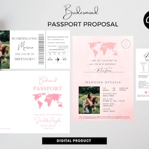 Plantilla de tarjeta de embarque, tarjeta de embarque para propuesta de dama de honor, invitación de pasaporte para boda de destino, boleto de avión para "¿Quieres ser mi dama de honor?"