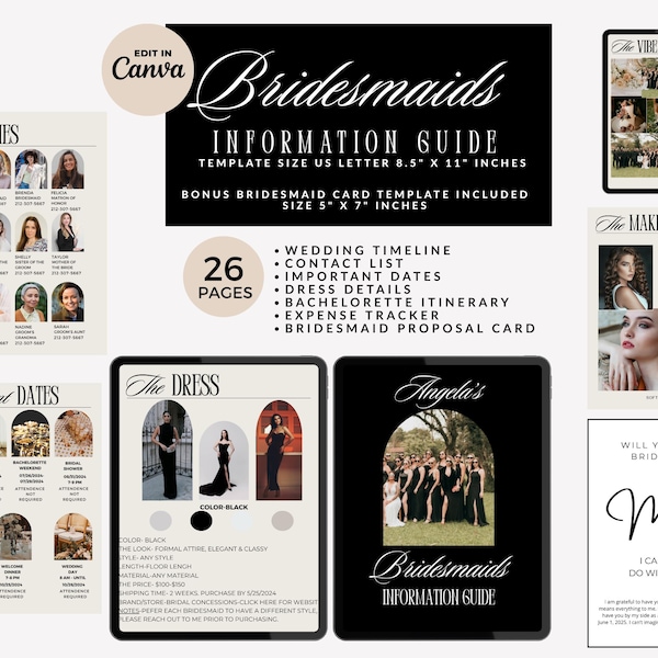 Bridesmaid Information Guide Template, Wedding Party Details, Editable Bridesmaid Proposal Card, Canva (Digital Download)
