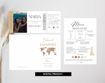 Modello di carta d'imbarco e passaporto per la proposta di matrimonio della damigella d'onore (download digitale)