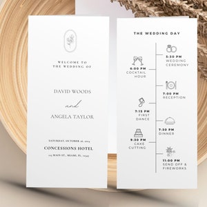 Trifold Hochzeitsprogramm Vorlage, Sitzplan für die Hochzeit, druckbare Programmbroschüre für die Kirche, Timeline für den Hochzeitstag, Broschüre für die Hochzeitszeremonie