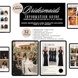 May include: A digital Bridesmaids Information Guide template, with pages for wedding planning, dress details, and other information. Includes a bonus bridesmaid card template. The guide is US Letter size, 21.59 cm x 27.94 cm.