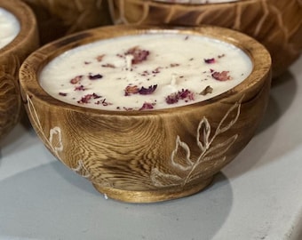 Botanical Print Wood Bowl Candle 6" Round - Various Scents