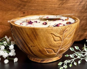 Botanical Print Wood Bowl Candle 6" Round - Various Scents