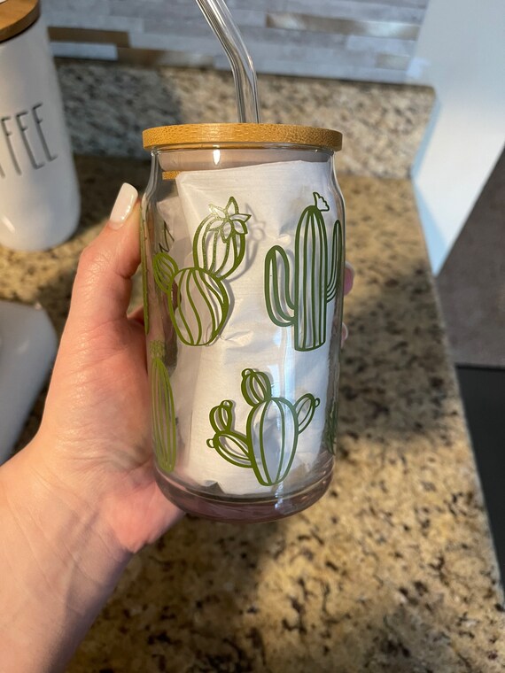 Cute Cactus Beer Can Iced Coffee Glass Cup With Lid and Straw Glass Tumbler  With Straw and Lid Iced Coffee Cup Libbey Glass glass Can 